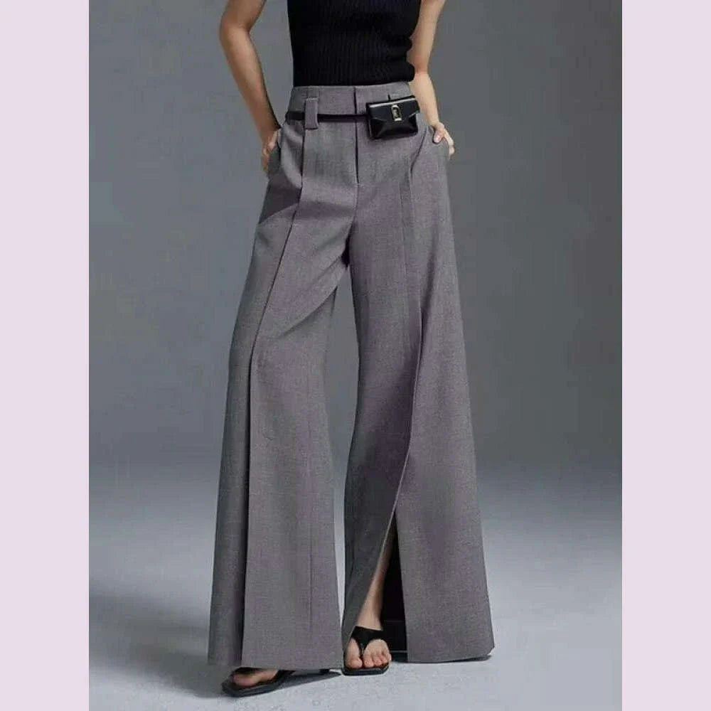 Yeezzi Urban Female Suit Pants 2024 New Fashion Black White Color Loose Straight Pant High-Waisted Pleated Split-Front Trousers