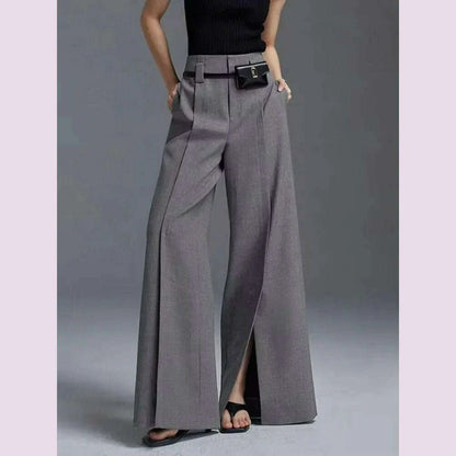 Yeezzi Urban Female Suit Pants 2024 New Fashion Black White Color Loose Straight Pant High-Waisted Pleated Split-Front Trousers