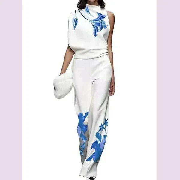 Two Piece Sets High Waist Wide Leg Trousers Outfits Matching Sets Suit Women Solid Turtleneck Sleeveless Tops Print Loose Pant