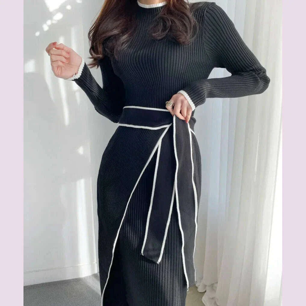 Elegant Stand Collar Contrast Bandage Long Sleeve Women Knitted Dress Autumn Korean Fashion Casual Knit Bodycondresses Vestidos