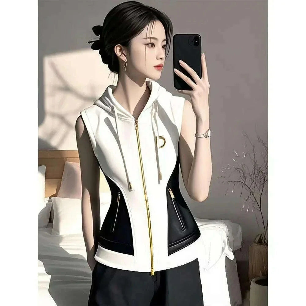 New Spring French Elegant High End Hooded Vest Coat Women Contrast Color Zipper Slim Jacket Temperament Ladies Causal Outwear