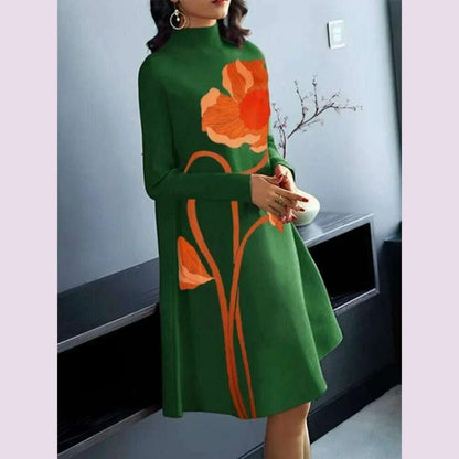 Gymystars Flower Print Midi Dresses Urban Long Sleeves Dress for Women Casual Loose A-Line Zipper High Neck Green Party Dresses