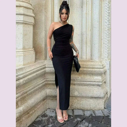 Black Maxi Dress Women Elegant Party Summer Fashion Sexy Split Sleeveless Backless Dress Off Shoulder Streetwear Club Slim Dress