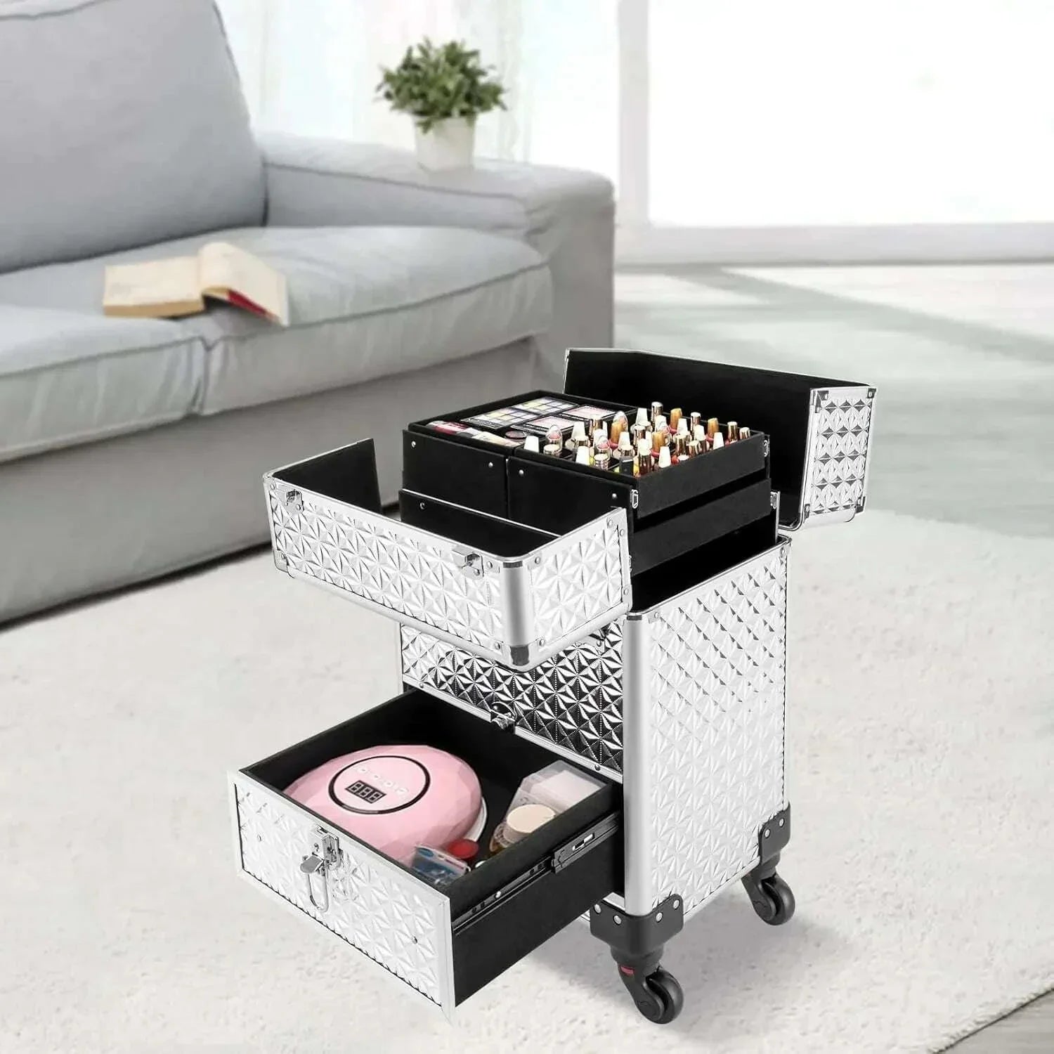 Rolling Makeup Train Case, Makeup Trolley with Drawer, Nail Case Wheeled Manicure Storage Case for Hair Stylists,Pet Groomers