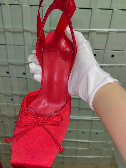 New ballet red soled high heels satin ribbon French bow women's shoes rose red cross strap sandals