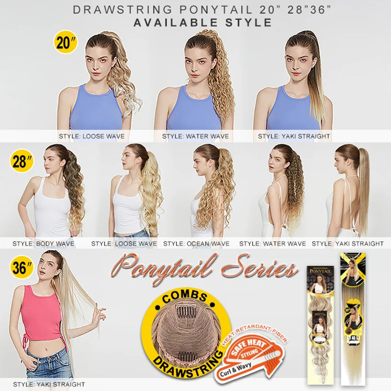 Julianna Synthetic Kanekalon Black Drawstring Water Wave Ponytail Extension Female Curly Wavy Clip In Ponytail Hair Extension
