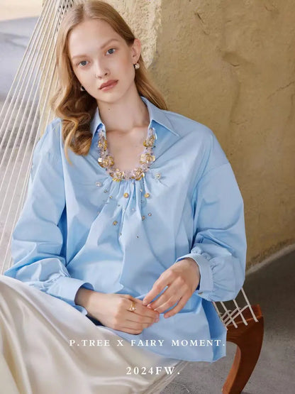 New In 2024 Autumn Sequined Stitch Cotton Shirts and Blouses Woman Elegant Top Blusas Women Clothes Office Lady Casual Shirts