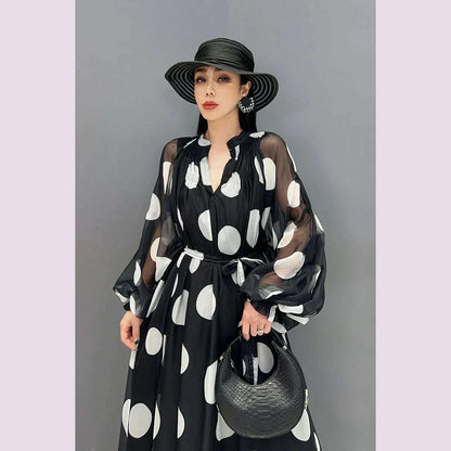 Vefadisa 2025 Summer New Dress Chiffon Printed Polka Dot Puff  Sleeves V-neck Long Dress Loose And Elegant HLX007