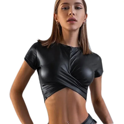 2024 Women's Tight T-shirt Spring/Summer New Bright Lacquer Leather Cross Short Top for Women