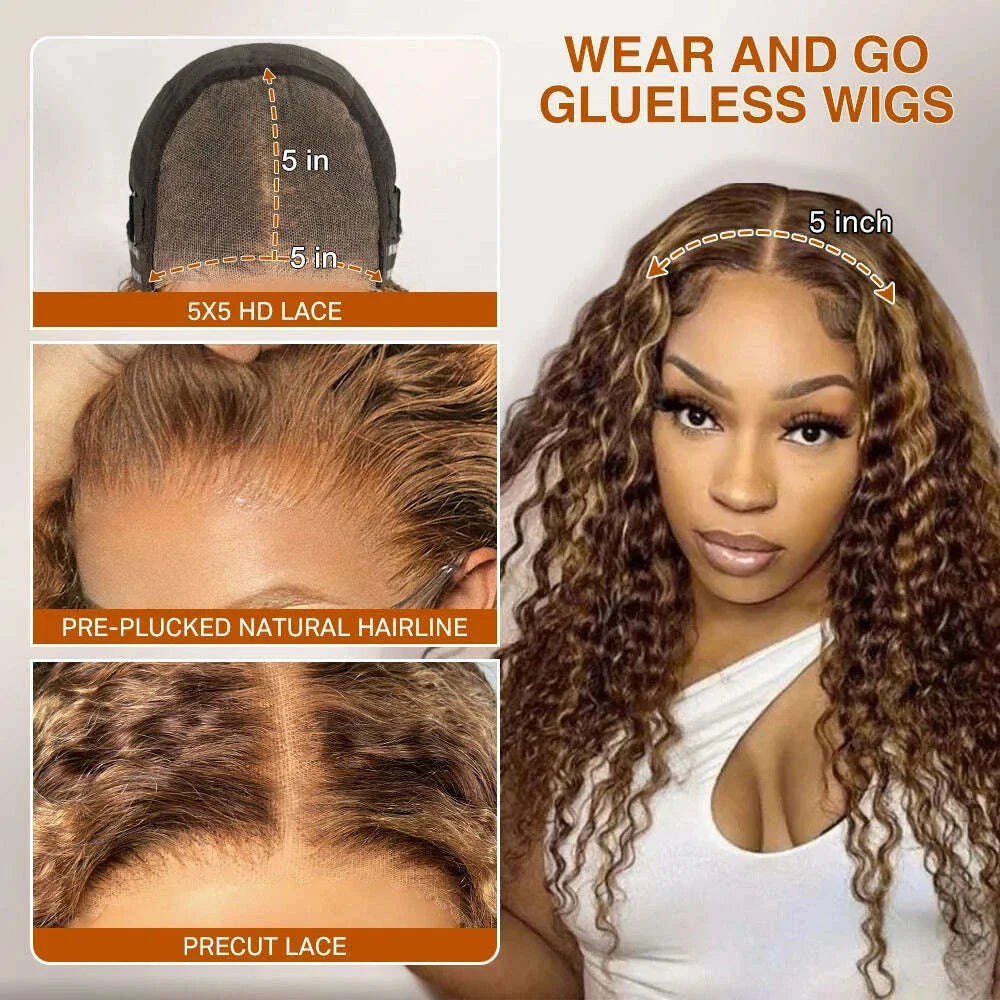 Deep Wave Honey Blonde Glueless Wigs 100% Human Hair Pre Cut Highlight Wear and Go Curly Wigs for Women Ombre HD Lace Front Wig