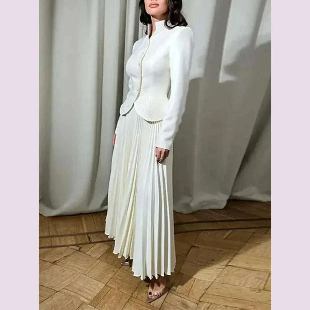 TWOTWINSTYLE Solid Two Piece Set For Women Stand Collar Long Sleeve Spliced Button Tops High Waist Skirt Chic Set Female Fashion