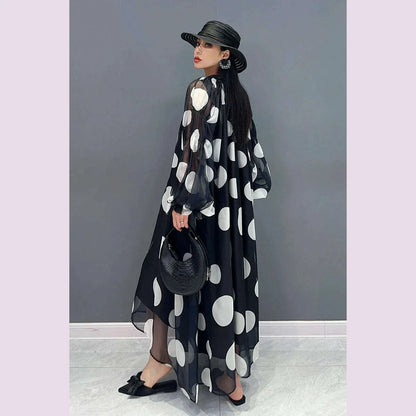 Vefadisa 2025 Summer New Dress Chiffon Printed Polka Dot Puff  Sleeves V-neck Long Dress Loose And Elegant HLX007