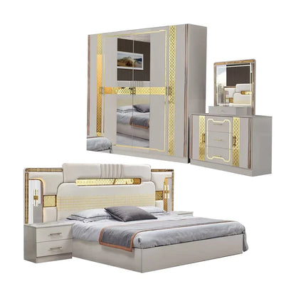A Wholesale Wooden Frame Double King Size Bed Room Set LED Headboard Modern Home Full Luxury Bedroom Sets Furniture