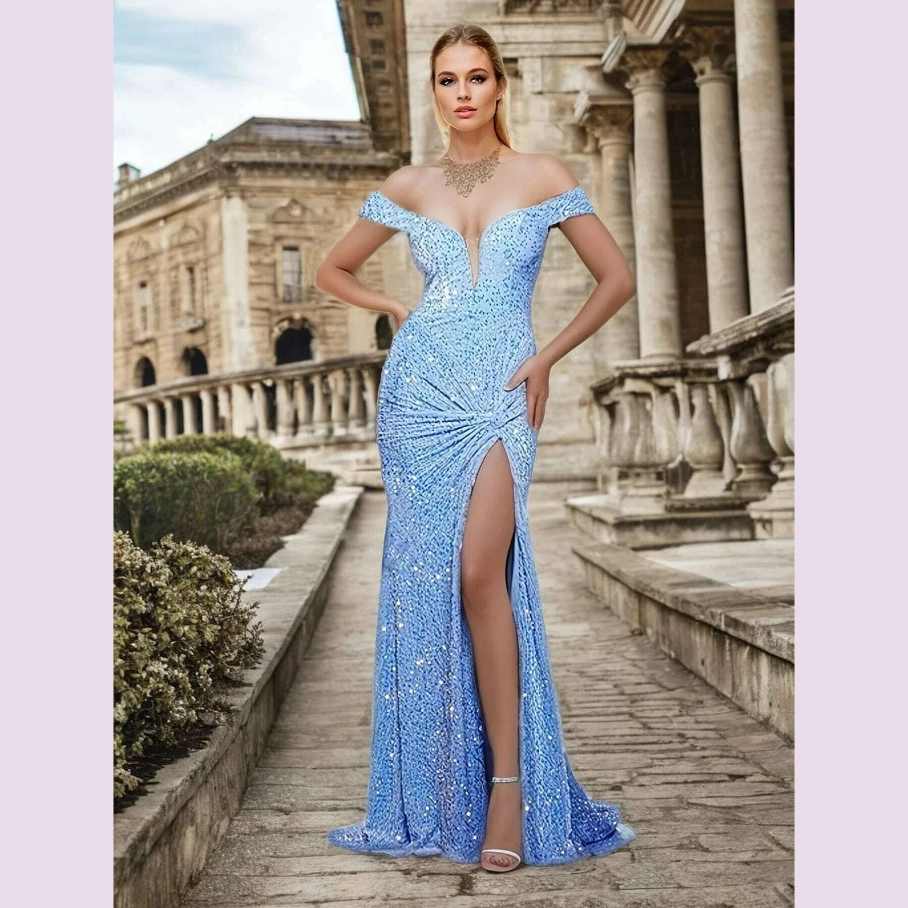Elegant Sleeveless Slash Neck Evening Slit Women Dress Sequin Backless Off Shoulder Bodycon Home Party Dresses Floor Length