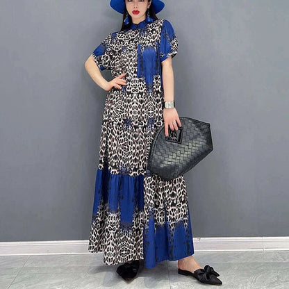 Korean Style Painted Short-Sleeve Casual Loose Big Size Yellow Red Blue Leopard Long Dress Summer Boho Print Dress Robe JJXD071