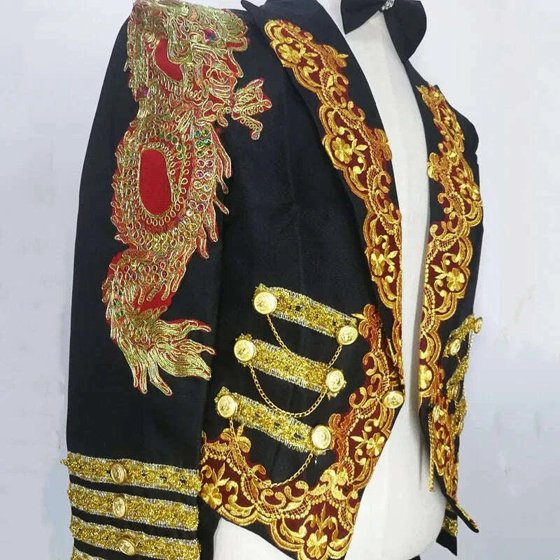 Men's Long Black Embroidery Tailcoat Suit Jackets Magic Performance Coat Wedding Groom Party Marry Formal Singer Host Tuxedo