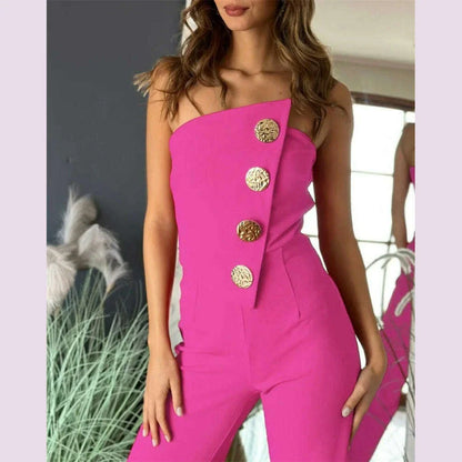 Women's Elegant Sexy Button Sleeveless Strapless Irregular Jumpsuits 2025 Wide Leg Outfits Night Club Streetwear One Piece