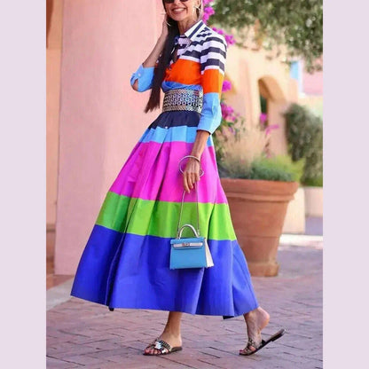 Modigirl Women's Contrast Color Striped Shirt Dress 2024 Summer Autumn Casual  Pleated Dress Vacation Woman Dresses