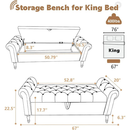 67'' End of Bed Storage Bench King Size, Storage Bench for Bedroom End of Bed, Upholstered Tufted Storage Ottoman Benches with A