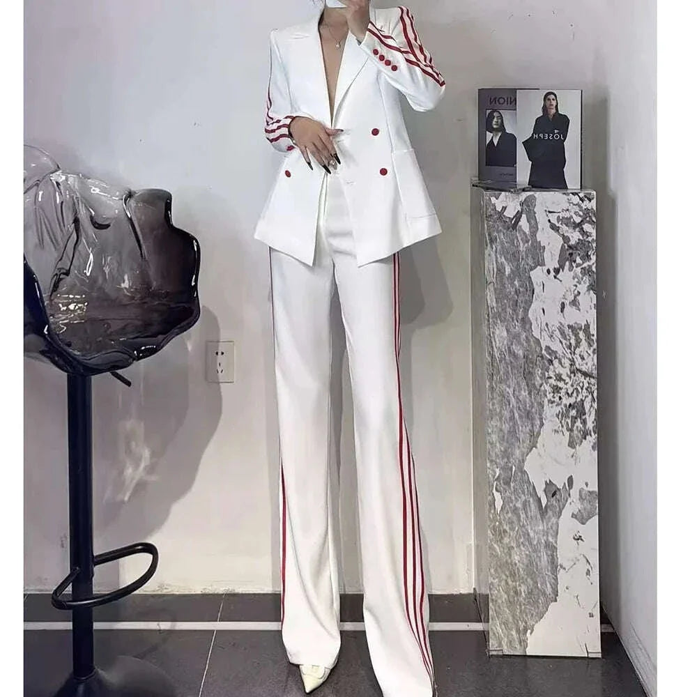 Luxury Women 2 Piece Pants Sets Double Breasted Peak Lapel Regular Length Slim Fit Female Clothing High Quality Blazer Trousers