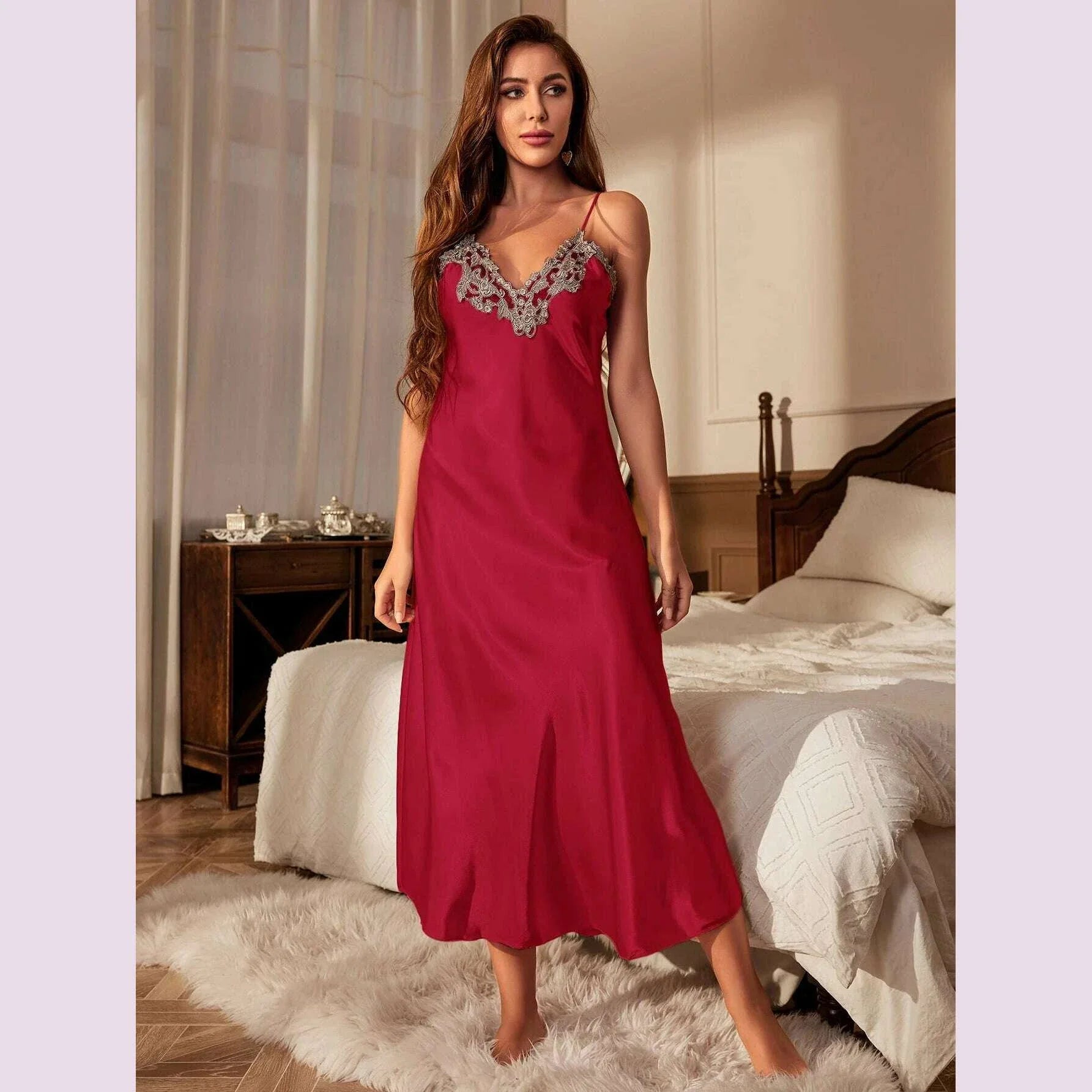 Lace Trim Satin Slip Nightdress  V Neck Backless Sleep Dress  Women's Sleepwear   Dresses