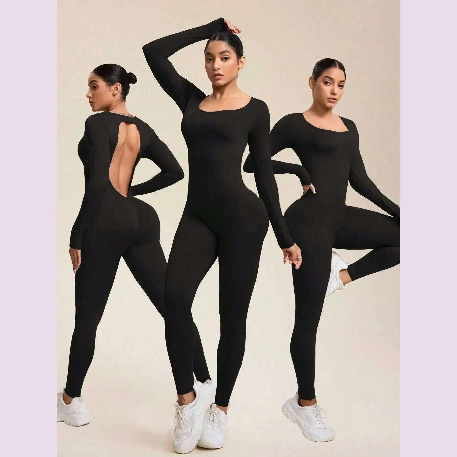 Women Jumpsuits Long Sleeve Sexy Backless Bodycon Rompers Scrunch Butt V Back Playsuit Workout Bodysuit