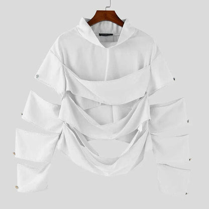 INCERUN Men Irregular T Shirts Solid Color Turtleneck Long Sleeve Hollow Out Men Clothing Streetwear 2025 Fashion Sexy Camisetas