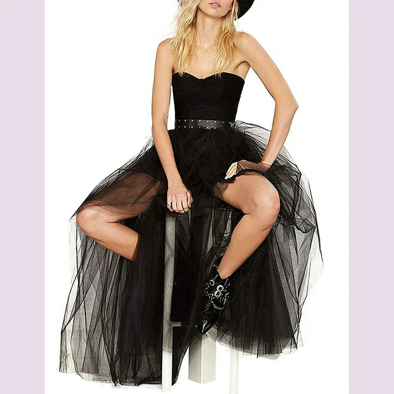 MisShow Gothic Women Hi-Lo Long Tulle Tutu Punk Skirt Elastic Waist High Low Mesh Net Halloween Cosplay Costume Maxi Skirts
