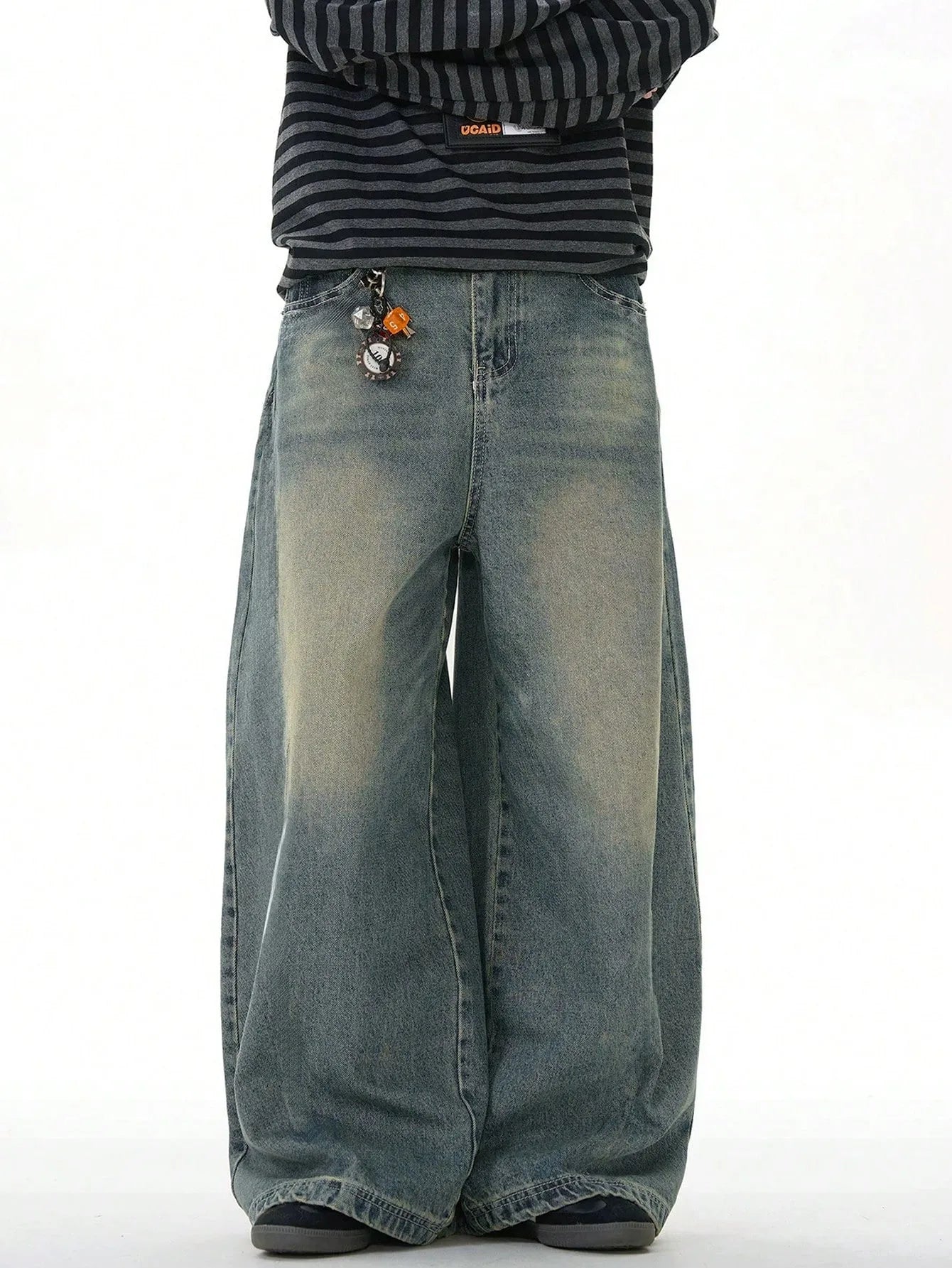 Men's loose straight-leg wide-leg jeans, sea blue casual American street style pants, comfortable cut, suitable for daily wear i