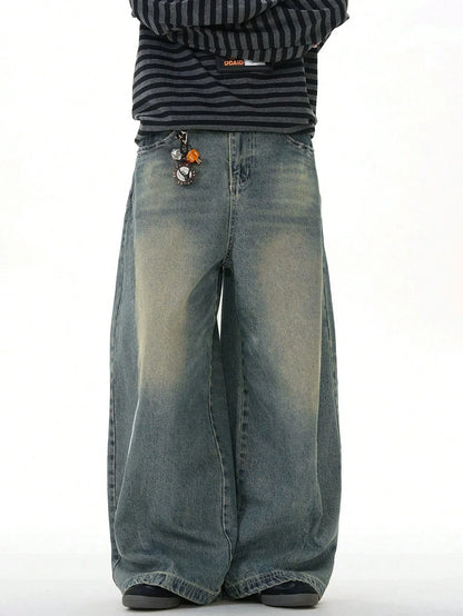 Men's loose straight-leg wide-leg jeans, sea blue casual American street style pants, comfortable cut, suitable for daily wear i