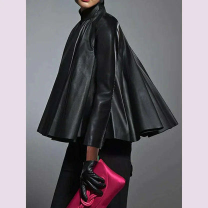Yeezzi Women's Black Faux Leather Stand Collar Tops 2025 New Long Sleeve Fashion Big Hemline Solid Color Pleated A-line Blouse