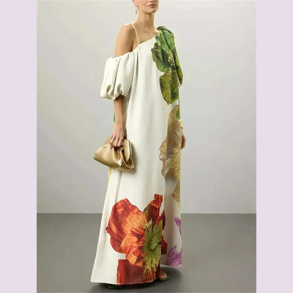 Yeezzi Women's Dress 2025 New Summer Floral Print One-shoulder Elegant Party Evening Maxi Dresses Fashion Vacation Beach Dress