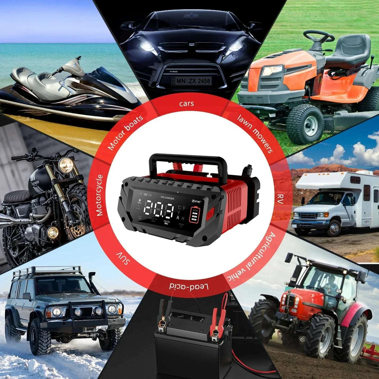 HTRC 30A 6V/12V/24V Car Battery Charger for Motorcycle Lead-Acid SLA Gel Lithium 24V/16A 12V/30A LiFePo4 Smart Battery Charger