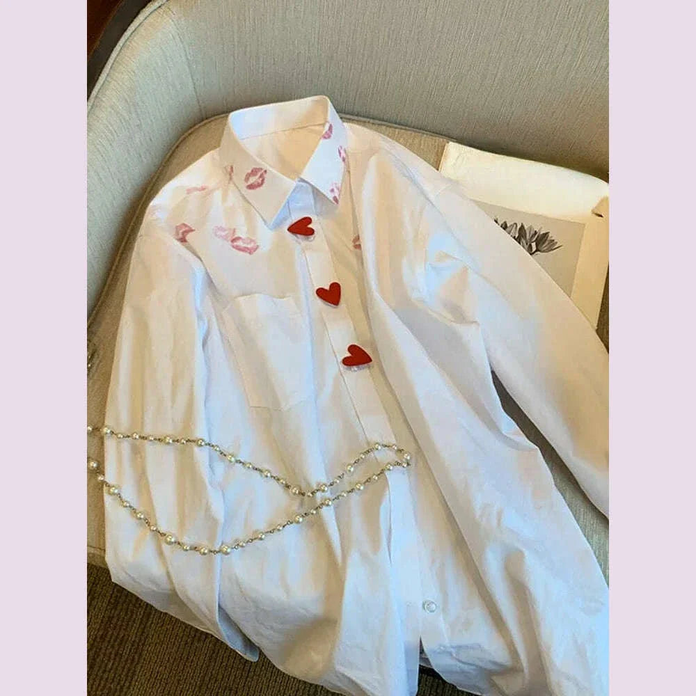 French Style Turn Down Collar Blouse Spring Print Heart Button White Long Sleeve Blusas Harajuku Unisex Loose Lip Shirt Women