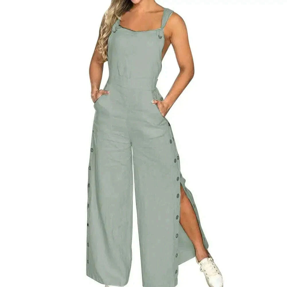 Women's Sleeveless Wide Leg Jumpsuit with Side Pockets And Button Solid Color Loose Straight-Leg Romper for Women Summer Outfit