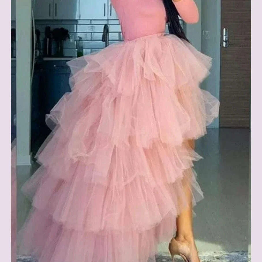 Women Tulle Petticoat Tiered High Low Elastic Waist Tutu Skirts Puffy Long Soft Net Gown Underskirt Prom Maxi Skirt Free Size