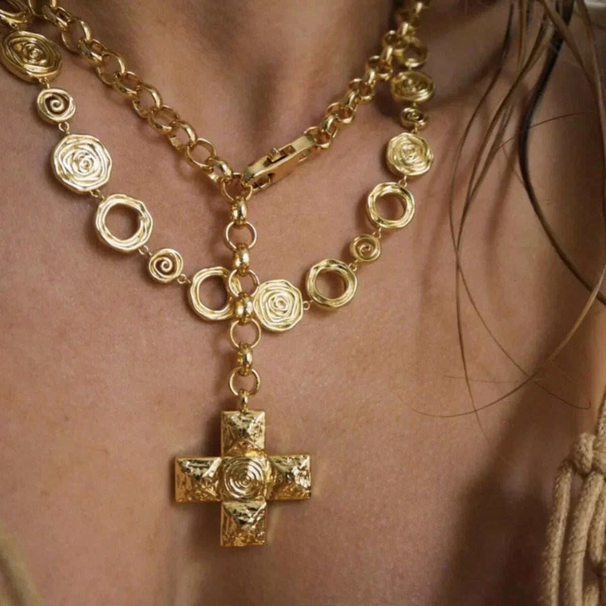 Punk 18K Gold Plated Stainless Steel Big Cross Pendant Necklace for Women Fashion Party Jewelry Gift