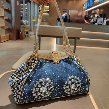 Spring and summer new metal frame color rhinestone butterfly crystal handbag banquet dress one-shoulder cross-body women's bag