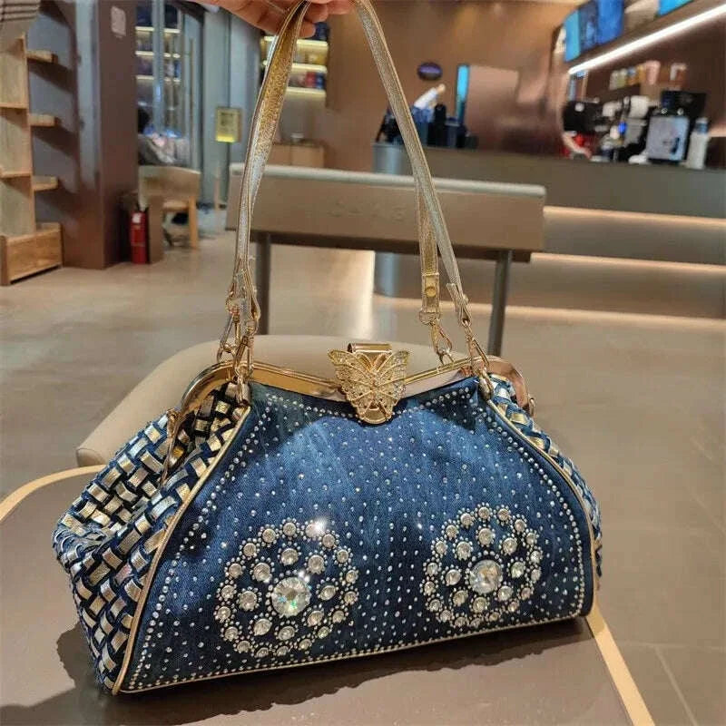 Spring and summer new metal frame color rhinestone butterfly crystal handbag banquet dress one-shoulder cross-body women's bag