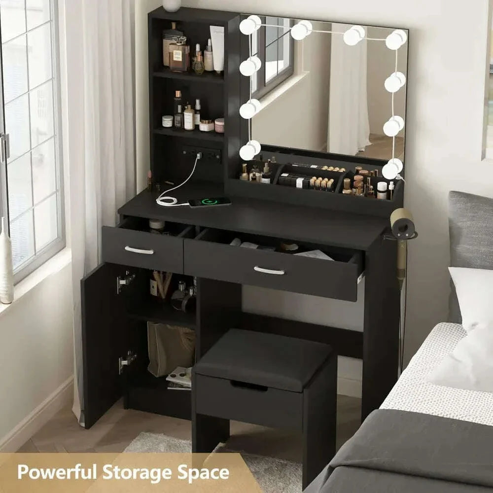 Dressing Table, Makeup Vanity Desk with Lighted Mirror & Power Strip, Black Vanity Table Set with Lights and Lots Storage