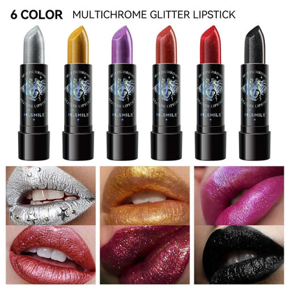 6Colors Glitter Lipstick Waterproof Long Lasting Diamond Pearlescent Metallic Lipstick Black Lipgloss Women Lips Makeup Cosmetic