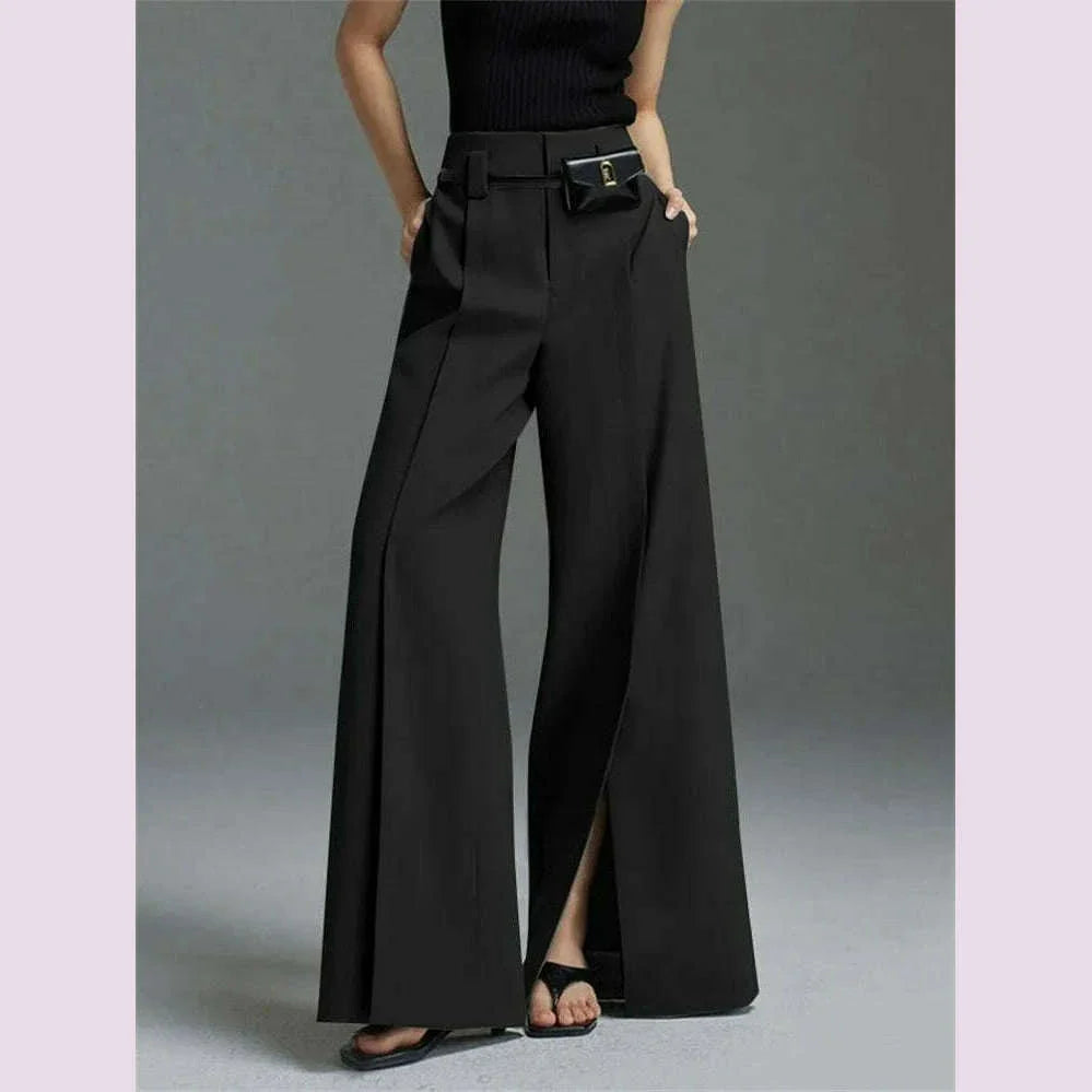 Yeezzi Urban Female Suit Pants 2024 New Fashion Black White Color Loose Straight Pant High-Waisted Pleated Split-Front Trousers