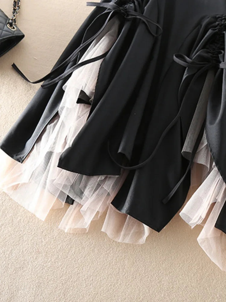 UCXQ Fashion Patchwork Black Lace Drawstring Skirt Women's Clothing Irregular Folds High Waist Skirts 2025 Spring Summer 2Q11360