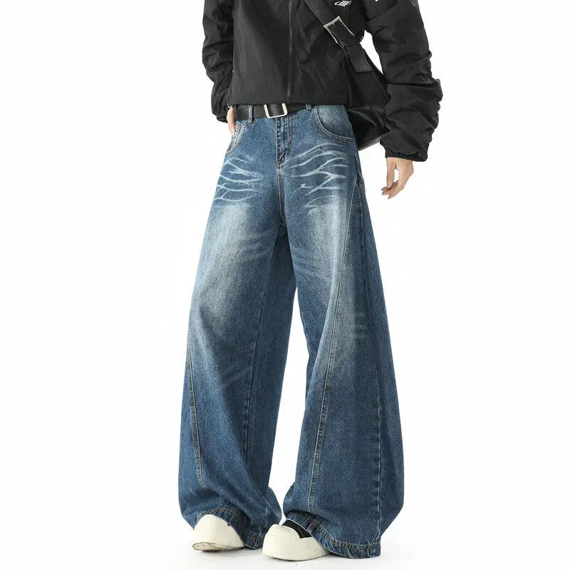 Mens Loose Wide Leg Jeans High Street Patchwork Vintage American Trendy Urban Fashion Hip Hop Oversized Trousers Streetwear