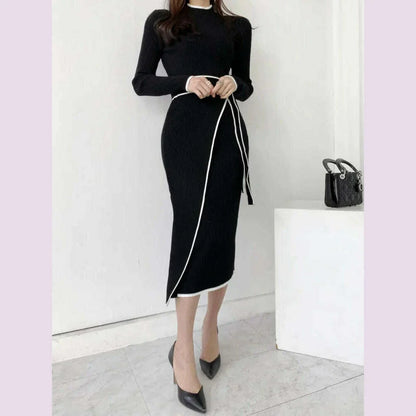 Elegant Stand Collar Contrast Bandage Long Sleeve Women Knitted Dress Autumn Korean Fashion Casual Knit Bodycondresses Vestidos