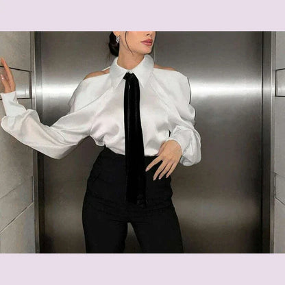 TWOTWINSTYLE Solid Loose Spliced Hollow Out Blouse for Women Lapel Long Sleeve Patchwork Single Breasted Top Female Clothing New