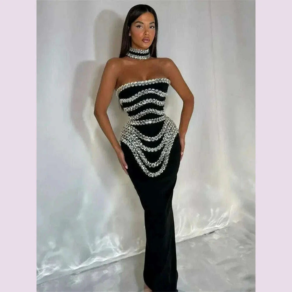 Brand New Ins 2025 Women Black Strapless Crystal Bandage Bodycon Dress Designer Collar Elegant Evening Party Dress Vestido