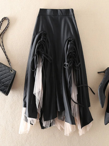 UCXQ Fashion Patchwork Black Lace Drawstring Skirt Women's Clothing Irregular Folds High Waist Skirts 2025 Spring Summer 2Q11360