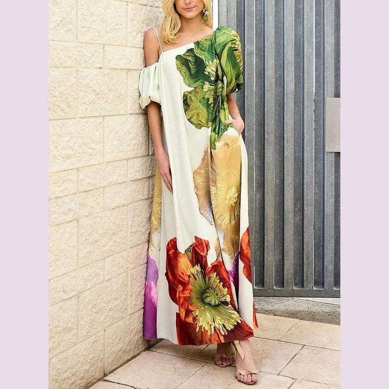 Yeezzi Women's Dress 2025 New Summer Floral Print One-shoulder Elegant Party Evening Maxi Dresses Fashion Vacation Beach Dress