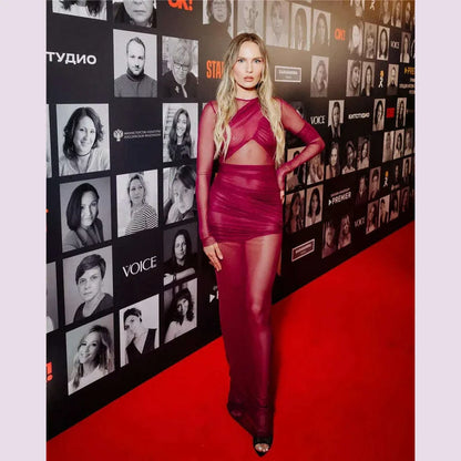 Mozision Mesh Ruched Sexy Maxi Dress For Women Fashion Zipper Patchwork See Through Long Sleeve Elegant Club Party Long Dress